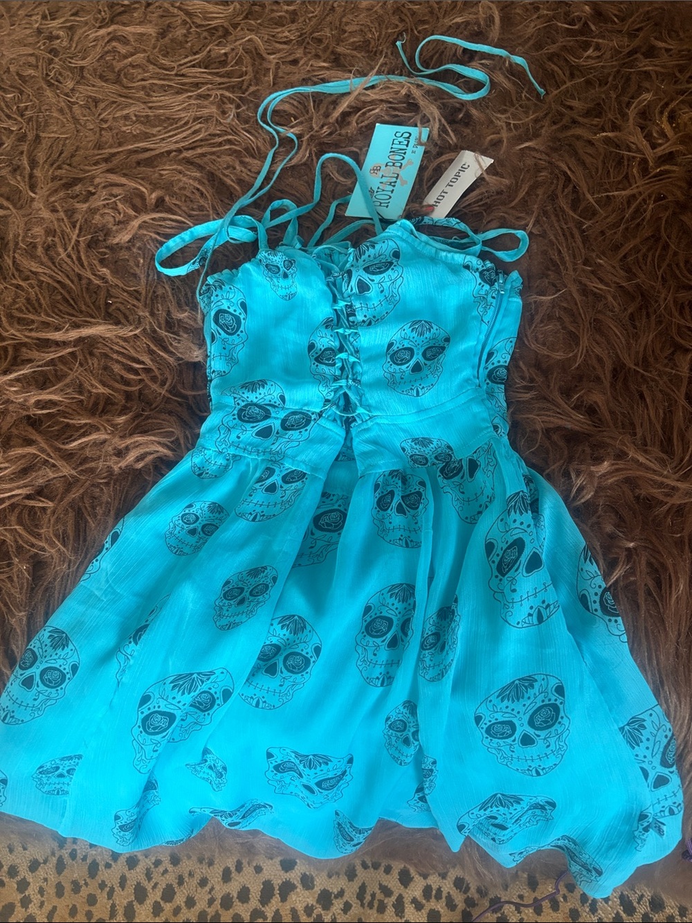 Vintage!!! Royal Bones Turquoise/Black Skull Print Strappy Dress. XS. NWT.